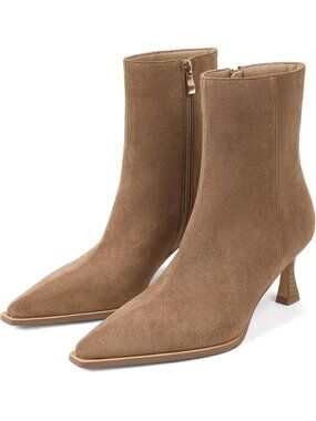 Women's Brown Suede Pointed Toe Side Zip Comfortable Mid Calf Kitten Heel Boots